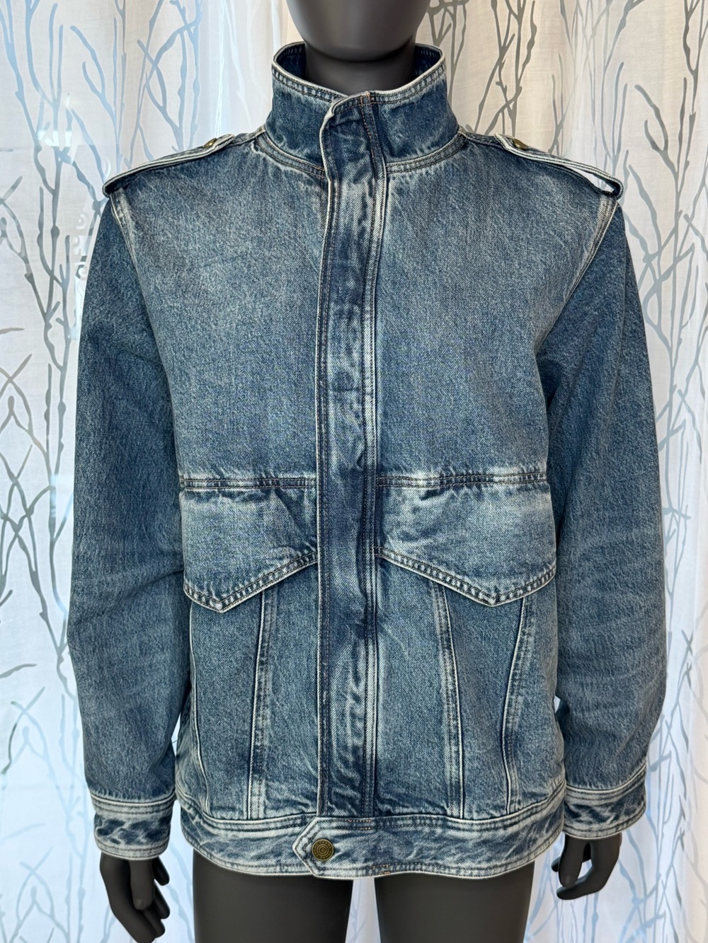 Frame Power Denim Jacket Women’s Size L Oversized Blue Military Structured